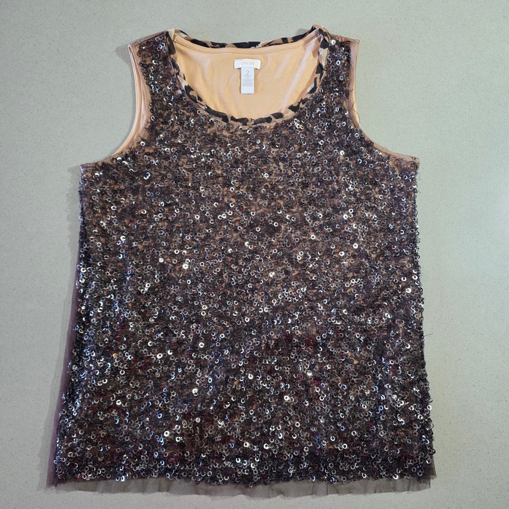 Chicos Size 2 Bronze Sequin Leopard Trim Tank Top Mesh Overlay Sleeveless Scoop